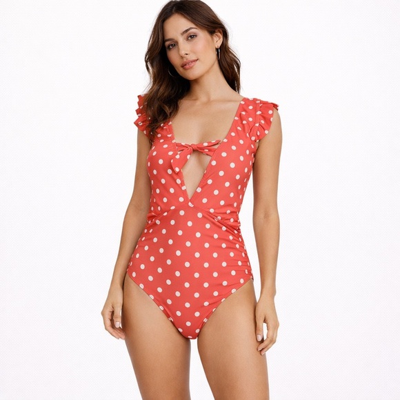 Marina West Other - NEW Marina West Swimsuit M Coral Orange Polka Dot Deep V Ruffle Sleeve One Piece